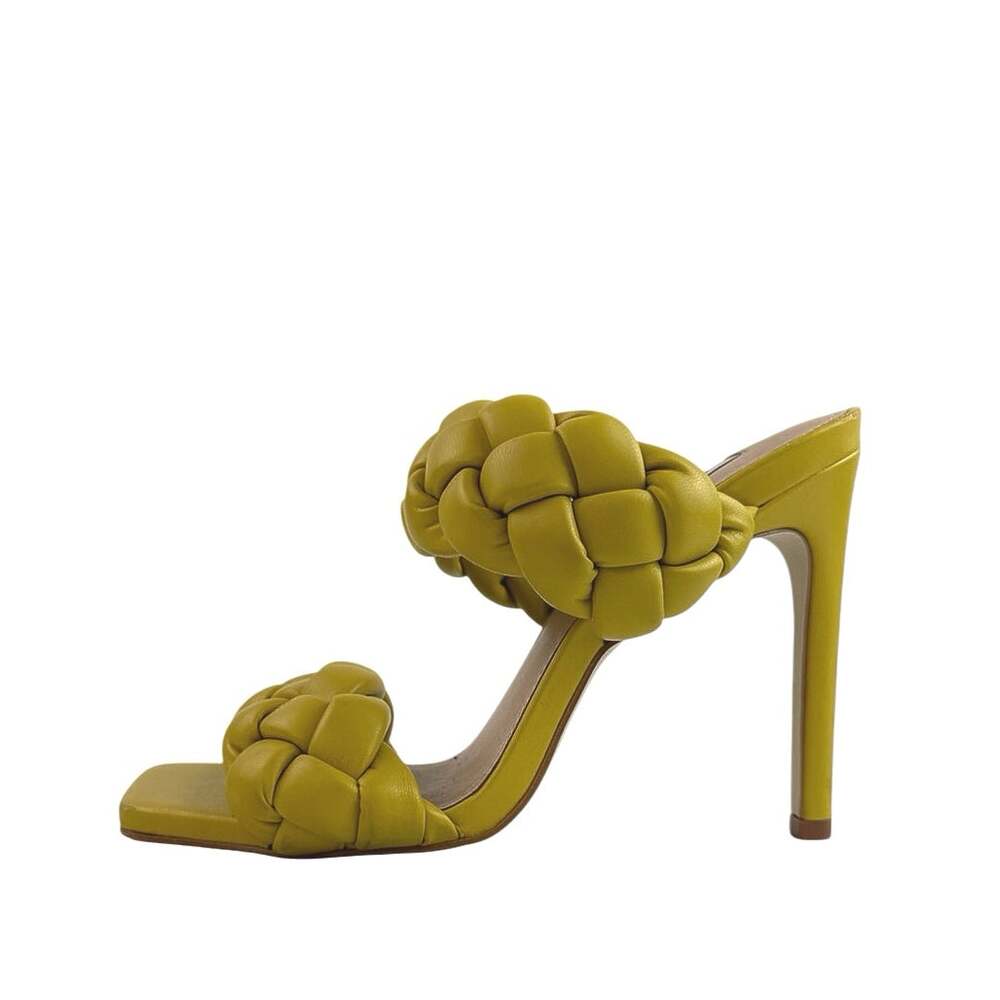Steve Madden Kenley Yellow Braided Woven Leather Square Toe Heels Sandals Sz 6.5